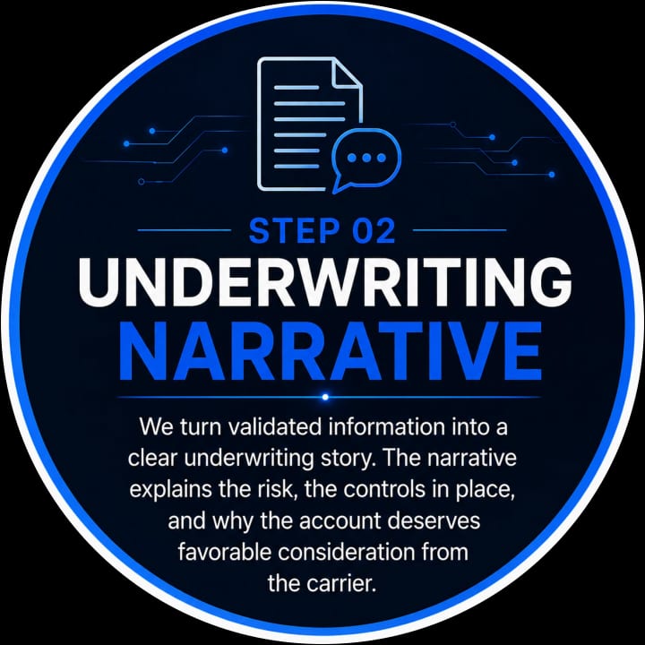 Step 02 Underwriting Narrative: We turn validated information into a clear underwriting story. The narrative explains the risk, the controls in place, and why the account deserves favorable consideration from the carrier.